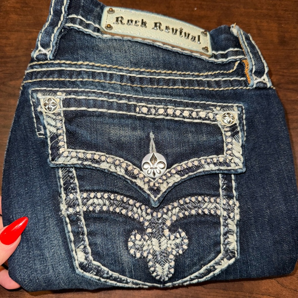 Rock Revival Blue Embellished Jeans with Ornate Design